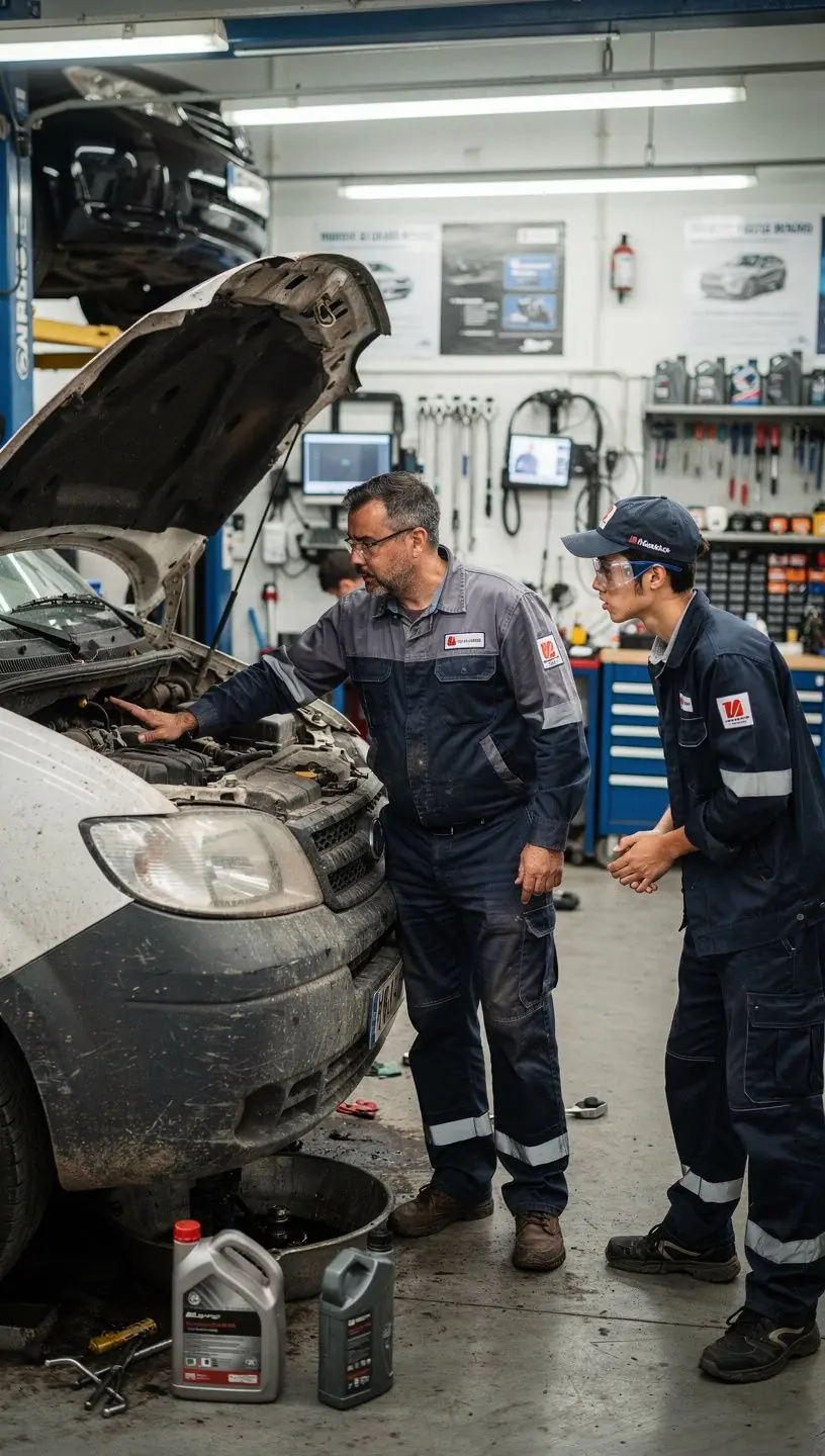 Técnico mostrando filtro de aire limpio y explicando su importancia en mantenimiento preventivo automotriz.